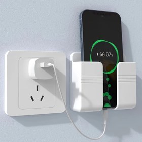 Resim 1 adet Plastik Duvar Monte Telefon Şarj Cihazı Tutucu, Ev Organizasyonu için Yapışkan Raf, Çok Fonksiyonlu Depolama Rafı için Yatak Odası ve Ofis, Metal Boru Dahil Değil, Raflar 