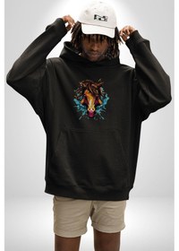 Resim At Kafası Renkli Kadın Erkek Siyah Kapüşonlu Sweatshirt Hoodie Siyah 