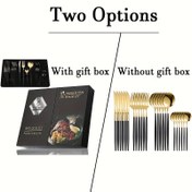 Resim 24 adet Yüksek Kaliteli Paslanmaz Çelik Sofra Takımı - Siyah + Altın Paslanmaz Bıçak, Çatal ve Kaşık Kombinasyonu, Metal Luster Çatal Bıçak Takımı, Lüks Hediye Kutusu Ambalajı, Aile Yemekleri, Düğünler, Akşam Yemekleri, Yüksek Kaliteli Modern Sofra Takımı, Kolay Temizlenebilir Bulaşık Makinesi Güvenli, Batı Yemekleri, Tatlar, Salatalar için Uygun, Zarif Sofra Dekorasyonu, Hediye için İlk Seçenek, Dayanıklı ve Yüksek Kaliteli Sofra Takımı 