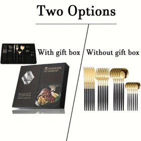 Resim 24 adet Yüksek Kaliteli Paslanmaz Çelik Sofra Takımı - Siyah + Altın Paslanmaz Bıçak, Çatal ve Kaşık Kombinasyonu, Metal Luster Çatal Bıçak Takımı, Lüks Hediye Kutusu Ambalajı, Aile Yemekleri, Düğünler, Akşam Yemekleri, Yüksek Kaliteli Modern Sofra Takımı, Kolay Temizlenebilir Bulaşık Makinesi Güvenli, Batı Yemekleri, Tatlar, Salatalar için Uygun, Zarif Sofra Dekorasyonu, Hediye için İlk Seçenek, Dayanıklı ve Yüksek Kaliteli Sofra Takımı 