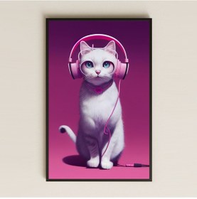 Resim Kulaklıklı Beyaz Kedi Dijital Sanat Pleksi Tablo 