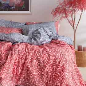 Resim Beyaz Puantiyeli Turuncu Geometrik %100 Pamuk Perkal Nevresim Takımı - Battal Boy / Mercan 