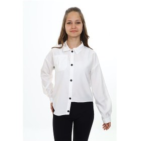 Resim Toontoy Kız Çocuk Regular Fit Asimetrik Kalıp Düşük Omuz Uzun Kollu Basic Poplin Gömlek - Tek Cepli Beyaz 