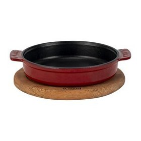 Resim Lava Döküm Yuvarlak Güveç Kabı Döküm Demir Yekpare Çift Kulplu Kayın Servis Ahşabı Çap 17 CM Bordo 