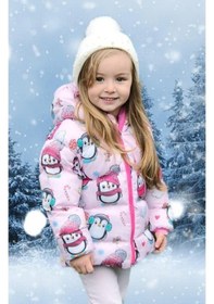 Resim Spor Kız Çocuk Polarlı Kürklü Kapüşonlu Penguen Şeker Desenli Şişme Mont Parka-103 Pembe 