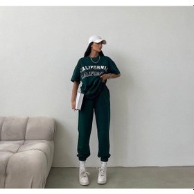 Resim California Desing T-shirt Eşofman Altı Jogger - Yeşil Baskılı Alt Üst Eşofman Takımı Bisiklet Yaka Yeşil 