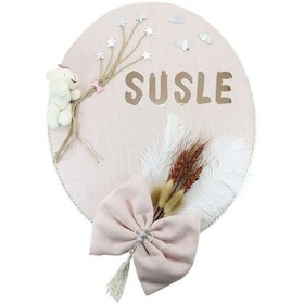Resim Süslebabypartystore Kuru Çiçek Tanzimli, Ayıcıklı, Isimli Oval Kapı Süsü, Pudra Renk Pudra 
