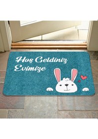 Resim Dijital Baskılı Kapı Önü Paspas Hoşgeldiniz Yazılı Çiçek Desen Ve Tavşan Iç Ve Dış Kapı Yıkanabilir Açık Yeşil 