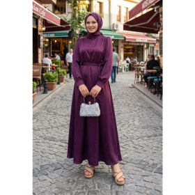 Resim Modestim Kadın Mürdüm Saten Tesettür Abiye Elbise Uzun Kollu Kuşaklı Düğün Nişan Özel Gün Tesettür Elbise 
