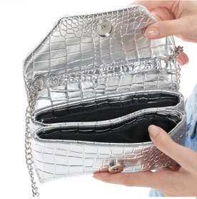 Resim Parlak Kroko Desenli Zincir Askılı El Ve Omuz Abiye Çanta Gümüş 