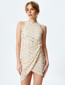 Resim Koton Simli Halter Yaka Kolsuz Bodycon Mini Elbise Bej 5sak80041fk Ekru 