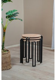 Resim 3'lü Zigon Sehpa Takımı, Modern Metal Ayaklı Yuvarlak Yan Sehpa, Ahşap Tablalı Orta Sehpa Atlantik Çam - Siyah 