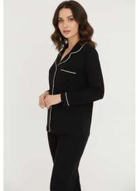 Resim Luxury Viscose Siyah Beyaz Biyeli Kadın Uzun Kollu Pijama Takımı 42586 Siyah 