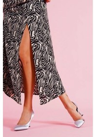 Resim Feles Kadeh Topuk Yanı Şeffaf Stiletto Kadın Topuklu Ayakkabı Gümüş-Saten 