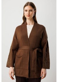 Resim On Fashion Kadın Kolları Taşlı Kuşaklı Triko Kahverengi Hırka 60902 Kahve 