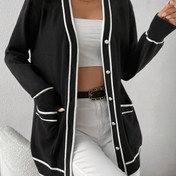 Resim Büyük Beden - Zarif Büyük Beden Siyah ve Beyaz Hırka ile İnci Düğmeleri - Kadınlar için Büyük Boy Uzun Kollu Kazak, Sonbahar/Kış için Mükemmel, Rahat Şık Stil, Rahat Şık Giyim | İnci Düğme Detayı | Yapı, Hırka Kazak 