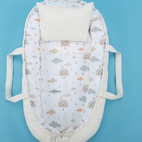 Resim Babynest ve Yastık - Çift Taraflı - Krem Waffle - Yeşil Gökkuşağı 