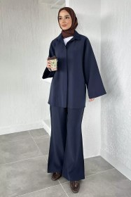 Resim Bel Çift Kemerli Tunik Pantolon Tesettür İkili Takım Lacivert TZL-P-00020587 