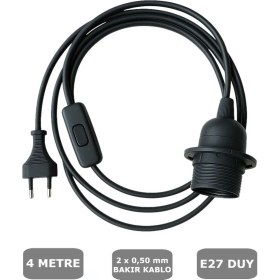 Resim Conana E27 Duylu 4 Metre Arapuarlı (Aç Kapat Anahtar) Fişli Abajur Duyu Seyyar (2X0,50) (Siyah) 