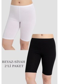 Resim Kadın Pamuklu Diz Üstü Kısa Tayt 2'li Paket Beyaz - Siyah Beyaz - Siyah 