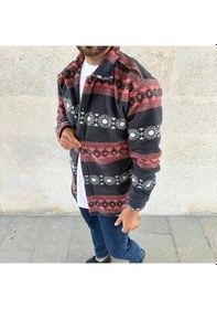 Resim Erkek Desenli Polar Gömlek - Etnik Şerit Desen Yakalı, Uzun Kollu, Düğmeli, Oversize Rahat Kalıp - Füme Siyah 