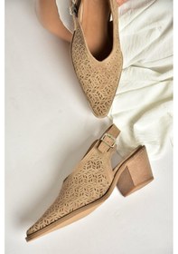 Resim Fox Shoes Y654300402 Bej Hakiki Deri Süet Klın Topuklu Kadın Ayakkabı Bej 