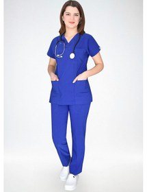 Resim Saks Mavi Soft Likralı Cerrahi Doktor Hemşire Hastane Scrubs Takı 