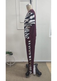 Resim Efnaz Style Kadın Kısa Kollu Bisiklet Yaka Zebra Desen Bluz Ve Pantolon Ikili Takım Bordo 