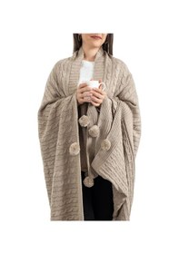 Resim Ponponlu Triko Örme Tv Battaniyesi Koltuk & Omuz Şalı & Diz Battaniyesi 130x170cm - Bej Bej 