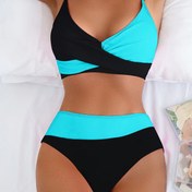 Resim Yazlık Plaj Tatili için Kadınlar İçin Renk Bloklu Yırtmaçlı Çapraz Sırt Bikini Takımı 