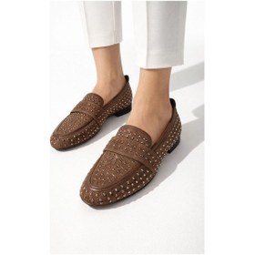 Resim Mery Ceyn Taşlı Küt Kare Loafer Şık Babet Kahverengi 