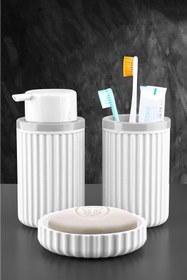 Resim Sas Haus Lines Serisi Beyaz Banyo Seti, 3 Parça Oval Akrilik Sabunluk Fırçalık ve Sıvı Sabunluk Takımı - 3319 