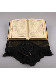 Resim Şal + Seccade + Tesbih + Kuran Hediye Seti (Orta Boy, Kadife, Siyah) 