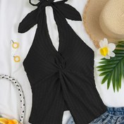 Resim Kadın Siyah Halter Yaka Tank Üstü - Seksi Sırtı Açık Döndürme Detayı, Ruched Tasarım, Düğme Önü, Yaz ve İlkbahar için Mükemmel, Polyester Karışımı, Makinede Yıkanabilir, Yaz Modası Üstü | Düğme Detaylı Üst | Halter Yaka Stili 