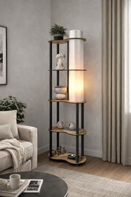 Resim Messer Yeni Speranza Raflı Lambader Safir Meşe – Dekoratif Raflı Ayaklı Lambader, E27 Duy, LED Uyumlu, Aletsiz Kurulum 