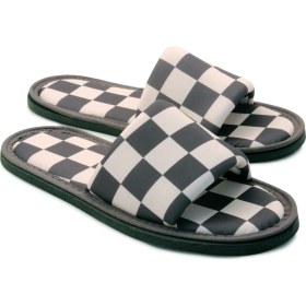 Resim Chochili Erkek Siyah Beyaz Dama Desenli Önü Açık Yumuşak Tabanlı Ev Terlik 