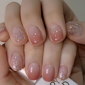 Resim 24 adet Parlak Kısa Oval Basınçlı Tırnaklar - Pembe Gradyan Fransız Stili ile Parıldayan Glitter Uçlar, Kadınlar için Yeniden Kullanılabilir Sahte Tırnaklar, Günlük Kıyafetler veya Özel Günler için Mükemmel, Sevimli Tırnaklar 