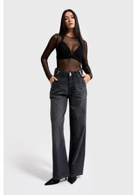 Resim Itsbasic Kadın Füme Renk 2w5-1 Wide Leg Fit Bol Kesim %100 Koton Kemer Detaylı Denim Jean 