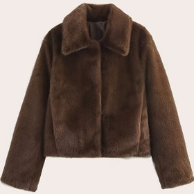 Resim Kadın Kahverengi Suni Kürk Yaka Uzun Kollu Mont - Sonbahar/Kış için Rahat Düz Renk Düğmeli Dış Giyim, Günlük Geziler ve Tatil için Mükemmel, Sevimli Kış Montları, Kaliteli Dikiş 