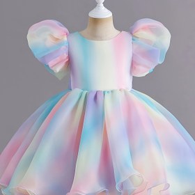 Resim Çekici Kızlar için Gradyan Prenses Elbisesi Puf Kollu - Zarif Pembe'den Mor'a Geçiş, Polyester & Viskon Karışımı, Fırfırlı Etek, İlkbahar/Yaz/Sonbahar Etkinlikleri için Orta Boy, Kızlar için Prenses Elbiseleri 