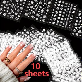 Resim 10 adet Kar Tanesi Tırnak Sanatı Çıkartması - Kendinden yapışkanlı, kokusuz plastik çıtaklar, DIY manikür için Kış ve Noel tasarımları sunar, Festive Tırnak Sanatı için ideal, Festive Tırnak Sanatı|Kış Teması|Kendinden yapışkanlı Çıtaklar, Tırnak Sanatı Malzemeleri 
