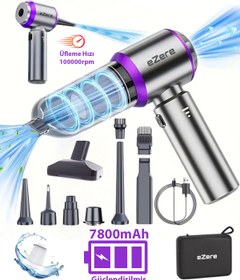 Resim EZERE 7800 mAh Güçlendirilmiş Pil 17000pa Güçlü Portatif Vakumlu Kablosuz Üflemeli Mini Araç Süpürgesi 