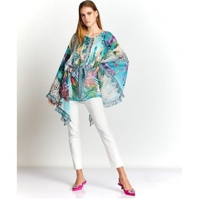 Resim Kadın Desenli Kemerli Şifon Pareo Geniş Kollu Ve Akışkan Hafif Tasarım 