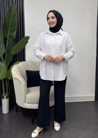 Resim Tesettür Diyarı Kadın Oversize Cepli Gömlek-Beyaz 