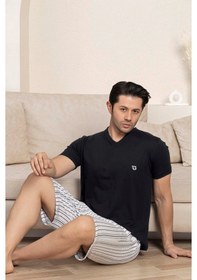 Resim Guava Erkek Siyah Krem Çizgili V Yaka Düğmesiz Kısa Kol Cepli Şortlu Pijama Takımı Siyah 