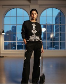 Resim Siyah Beyaz Nakışlı Detaylı Kışlık Lüks 2li Sweatshirt Ve Pantolon Kadın Eşofman Takım Siyah 