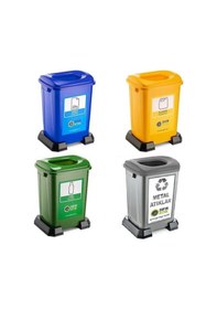 Resim 4 Lü Geri Dönüşüm Kutusu Kağıt Atık Plastik Atık Cam Ve Sıfır Atık Kutuları 50 Lt ŞEFFAF 