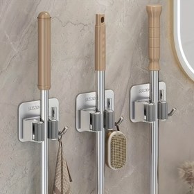 Resim 3 adet delme gerektirmeyen paslanmaz çelik süpürge ve mop çok fonksiyonlu raf kancaları - kendinden yapışkanlı ve delme gerektirmez - mutfak, banyo ve bahçe için evrensel (gümüş), Kullanışlı Kancalar 