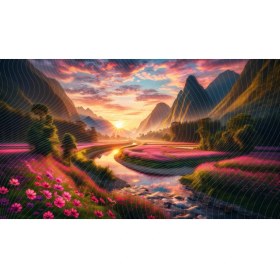 Resim Venspor Güneş Batımı ve Çiçekli Vadi Manzarası Temalı Arkaplan 200 x 150 cm Fon Duvar Örtüsü 