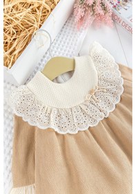 Resim Yakası Güpürlü Uzun Kollu Kadife Kız Bebek Elbise Bej 